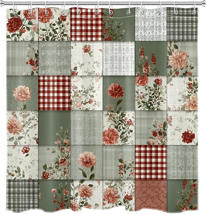 Farmhouse Country Patchwork Shower Curtain for Bathroom Boho Floral Plaid Vintage Rustic Cottagecore Bathroom Decor Pink Green Flower Fabric Bath Curtain with 12 Hooks, 72x72 Inch
