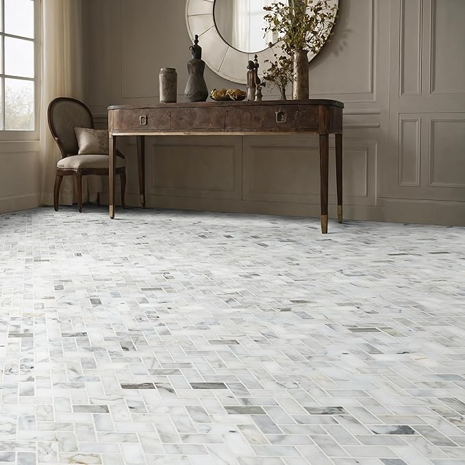 MSI Calacatta Cressa Herringbone Honed Marble Tile for Kitchen Backsplash, Wall Tile for Bathroom, Accent Wall Tile, and Shower Wall Tile, Mesh-Mounted Mosaic Tile, 11.61 x 11.61, White, 10 Piece