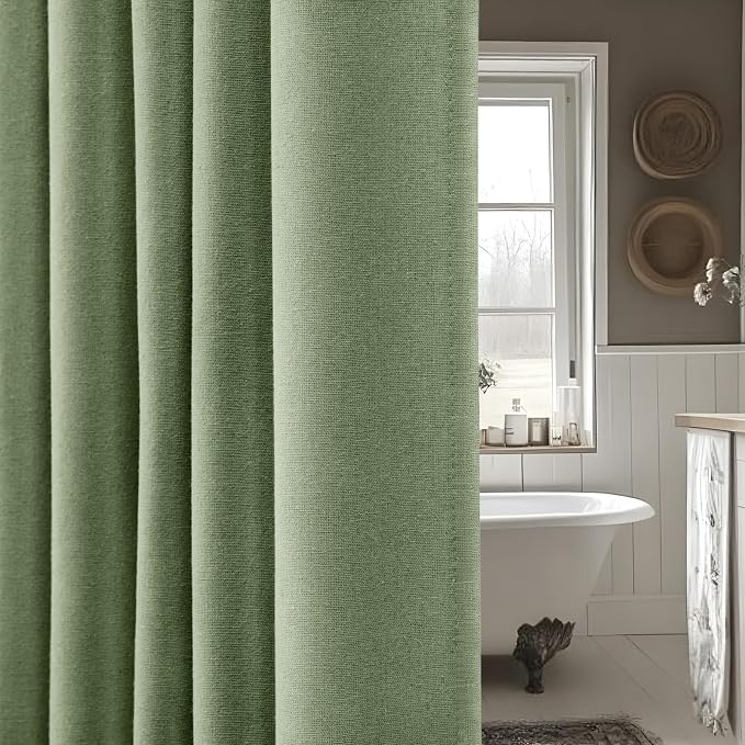 Linen Shower Curtain Green, Fabric Boho Farmhouse Shower Curtains for Bathroom Cotton Natural Cloth Liner Set 72" W x 96" L