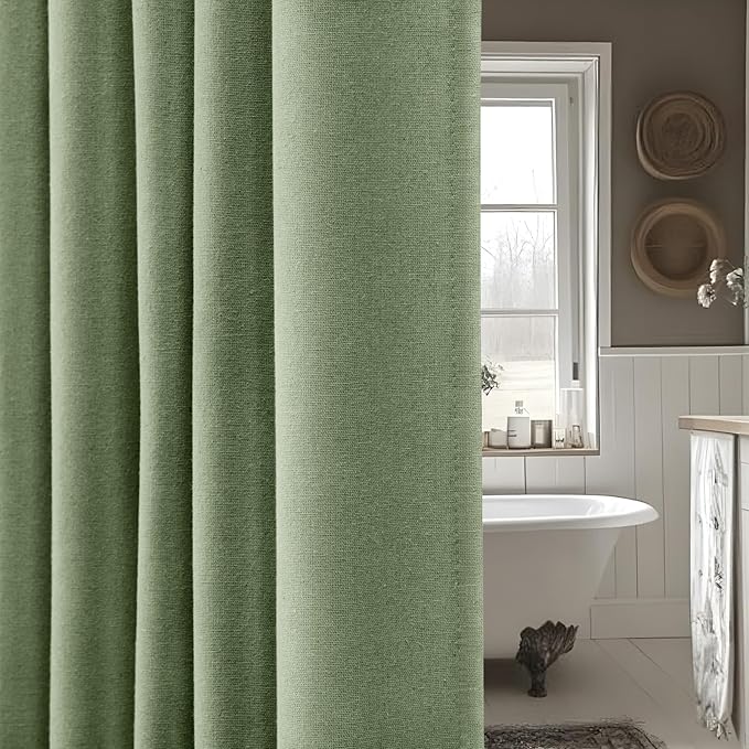 Linen Shower Curtain Green, Fabric Boho Farmhouse Shower Curtains for Bathroom Cotton Natural Cloth Liner Set 72" W x 84" L