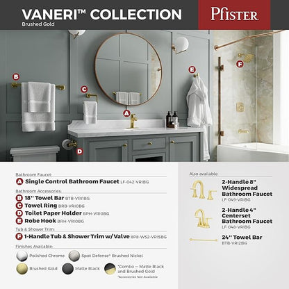 Pfister Vaneri Bathroom Sink Faucet, Single Control, 1-Handle, Single Hole, NSF Certified, Brushed Gold Finish, LF042VRIBG