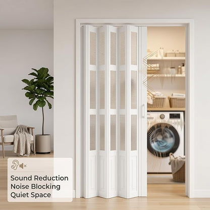 SMARTSTANDARD 36"x 80" Accordion Door with Grid Frosted Acrylic Glass,White | Double Walled PVC Folding Accordion Closet Door for Bedroom Bathroom, Save Space, Full-Side Magnetic Strip, Easy to Install