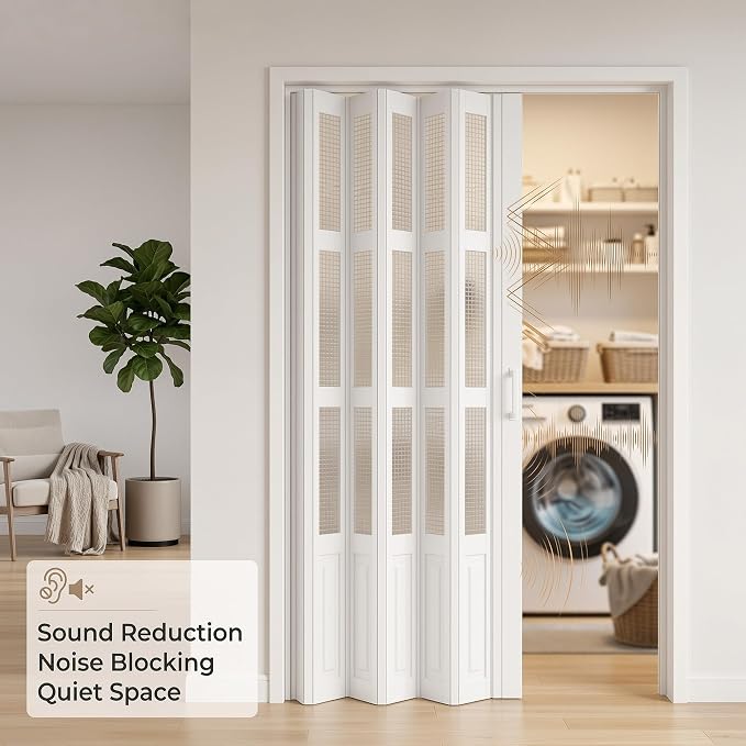 SMARTSTANDARD 32"x 80" Accordion Door with Grid Frosted Acrylic Glass,White | Double Walled PVC Folding Accordion Closet Door for Bedroom Bathroom, Save Space, Full-Side Magnetic Strip, Easy to Install