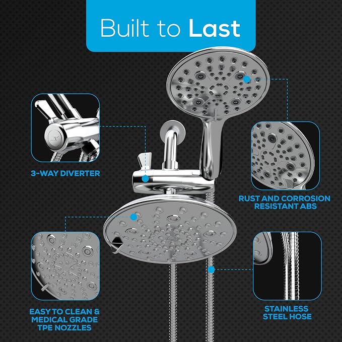 SparkPod Dual Shower Head - 8'' High Pressure 55-Mode Rain Shower Heads with Handheld Spray Combo - Rainfall, Handheld & Dual Mode - Easy Install 3-Way Showerhead with Hose & Holder (Polished Chrome)