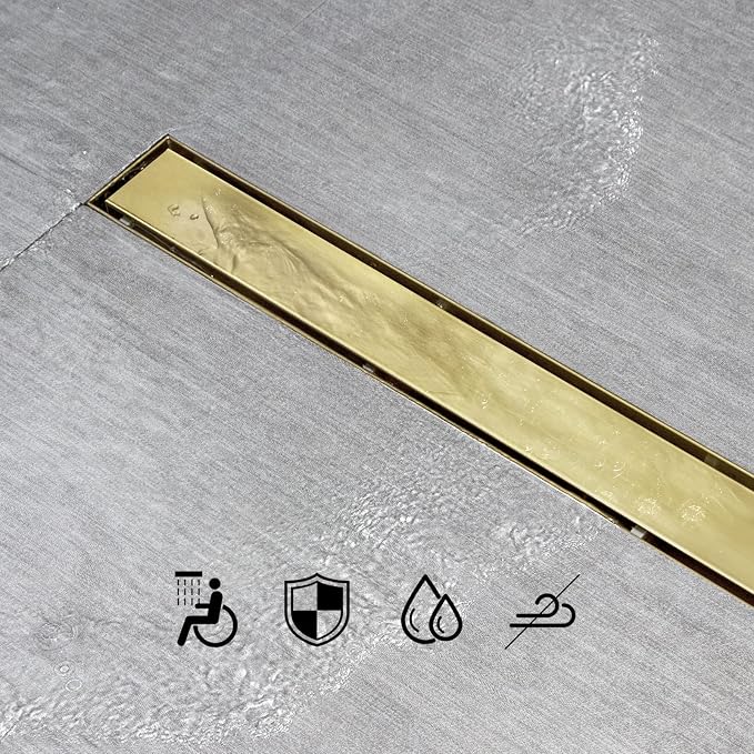SaniteModar Linear Shower Drain, Gold Shower Drain 60 inch with 2 in 1 Tile Insert Panel, AISI 304 Stainless Steel Shower Floor Gold Drain woth Hair Catcher and Leveling Feet | AISI 304 Stainless Steel Brushed Gold Linear Dain Rectangle Shower Floor Dr...