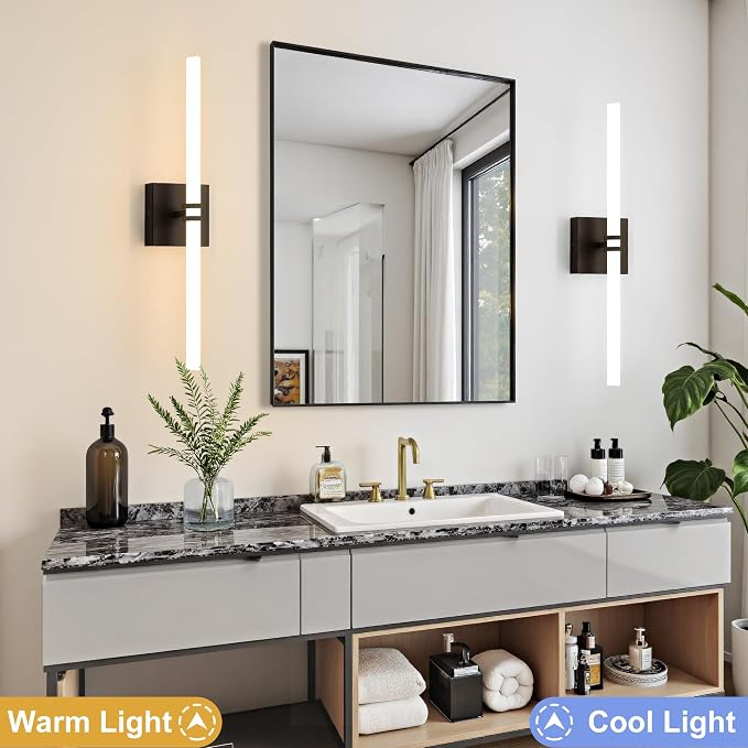 Black Bathroom Light Fixture LED Vanity Light 22" Wall Sconce | 5CCT Dimmable Wall Light, Modern 360° Lighting, 18W Hardwired Vanity Light for Bathroom, Flicker-Free
