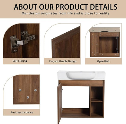 24 Inch Floating Vanity,24" Bathroom Vanity with Sink Combo,Modern Single Sink Bathroom Vanity Combo,Brown Wall Mounted Cabinet Set