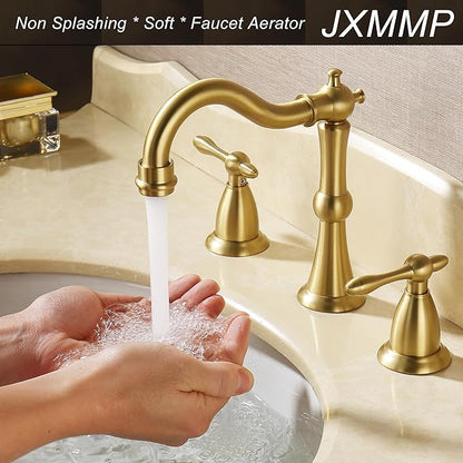 Antique Brushed Gold Bathroom Faucet 3 Hole, Widespread Bathroom Sink Faucet with Pop Up Drain and cUPC Supply Hose, Modern 2 Handle Vanity Faucet Gold JXM3073BG