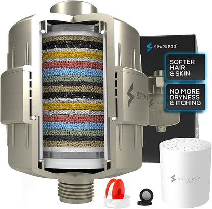 SparkPod 23-Stage Shower Head Filter for Showerheads, Brushed Nickel | Removes Chlorine & Heavy Metals, Helps Improve Hard Water, with Activated Carbon and KDF-55 Layers, High Output