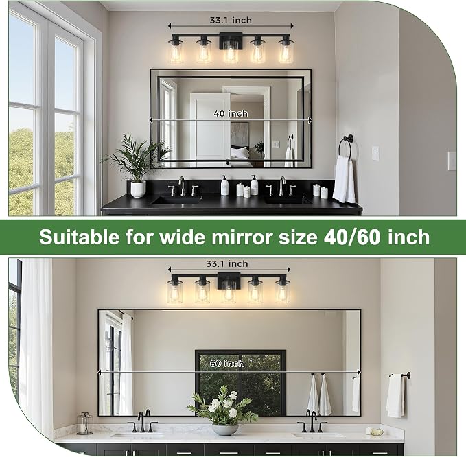 DORESshop 5-Light Black Bathroom Vanity Light Fixture ETL Listed | Modern Bathroom Vanity Light, Black Wall Light Fixture With Clear Glass Shade, Mirror Lighting for Hallway Living Room