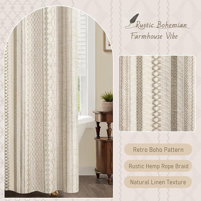 Beige Boho Linen Shower Curtain,72" W x 72" L | Linen Striped Print and Twine-Inspired Woven Center for Bathroom