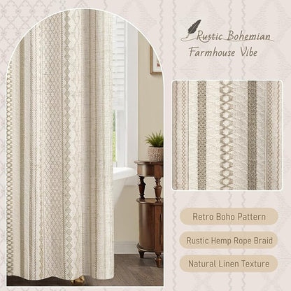 Beige Boho Linen Shower Curtain,72" W x 72" L | Linen Striped Print and Twine-Inspired Woven Center for Bathroom