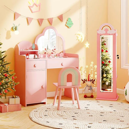 HONEY JOY Kids Jewelry Cabinet with LED Lights, Rainbow Standing Jewelry Armoire w/Full-Length Mirror & Makeup Mirror, Ring Slot, Lockable Princess Jewelry Organizer Storage for Toddler Girls(Pink)