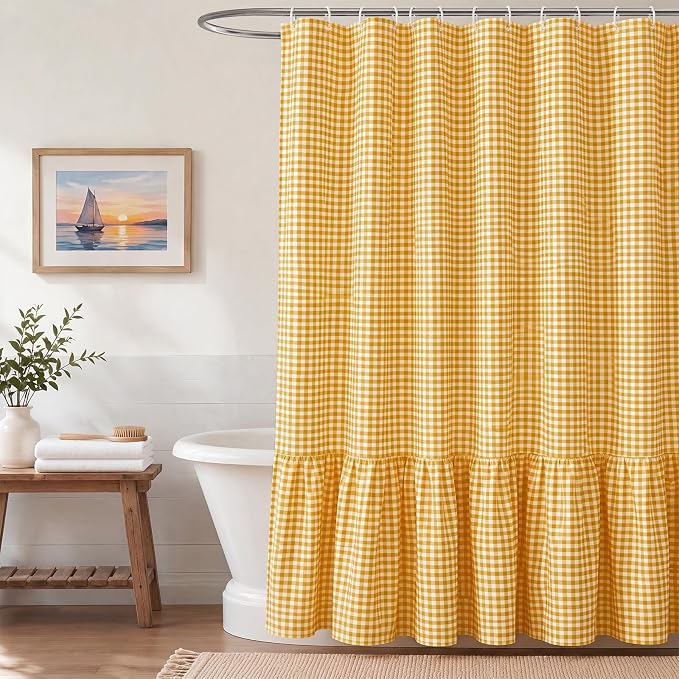 HunnmingRe Ruffle Hem Gingham Shower Curtain Yellow | 72'' x 72'' Vintage Farmhouse Curtain, Cotton Cottage Core Rural Checkered Plaid Decor, Fall Shower Curtain for Bathroom