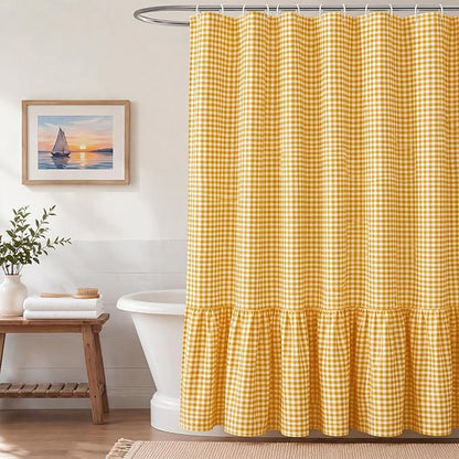 HunnmingRe Ruffle Hem Gingham Shower Curtain Yellow | 72'' x 72'' Vintage Farmhouse Curtain, Cotton Cottage Core Rural Checkered Plaid Decor, Fall Shower Curtain for Bathroom