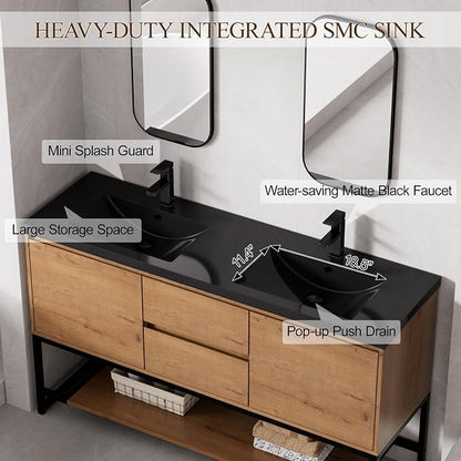 LUCKWIND 60" Modern Bathroom Vanity with Dual Black Sink Combo, Freestanding Storage Cabinet with Metal Frame, Water-Saving Faucet and Open Shelf and 2 Soft-Closing Door, Natural