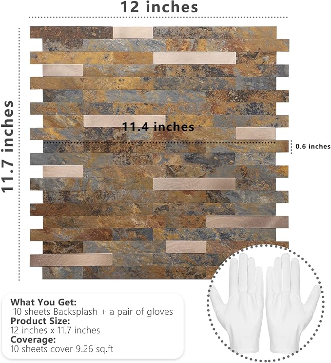 STICKGOO Peel and Stick Backsplash, PVC Wall Tiles Stick on Backsplash for Kitchen(10 Sheets, Rust Brown with Metal Gold)