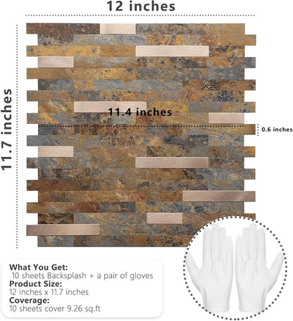 STICKGOO Peel and Stick Backsplash, PVC Wall Tiles Stick on Backsplash for Kitchen(10 Sheets, Rust Brown with Metal Gold)