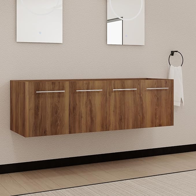 60 Inch Floating Bathroom Vanity,60" Bathroom Vanity Without Sink,Modern Bathroom Vanity Cabinet,Brown Wall Mounted Cabinet(Sink Basin Not Included)