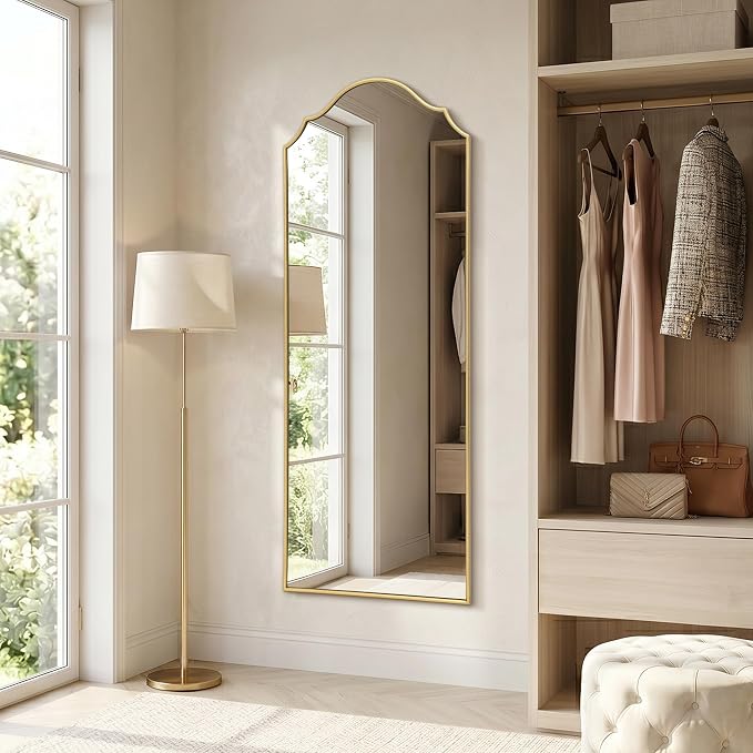 Besdomus Scalloped Full Length Mirror: 21"x56" Gold Arched Floor Mirror | Modern Minimalist Wooden Frame Body Long Mirror for Wall/Bedroom/Cloakroom/Entryway/Living Room - Home Decor for Housewife