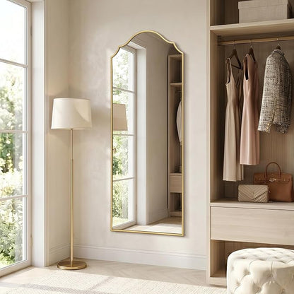 Besdomus Scalloped Full Length Mirror: 21"x56" Gold Arched Floor Mirror | Modern Minimalist Wooden Frame Body Long Mirror for Wall/Bedroom/Cloakroom/Entryway/Living Room - Home Decor for Housewife