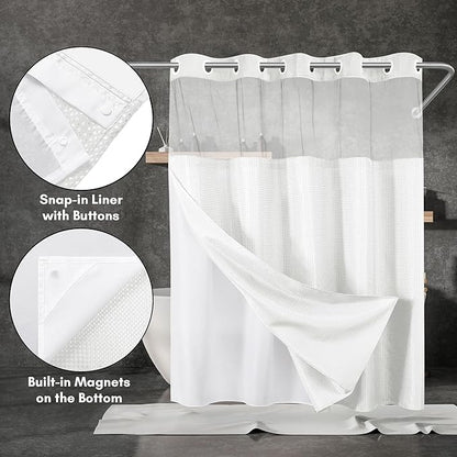 Americanflat 72x75 Hookless Waffle Pattern Shower Curtain - Water-Resistant Long Shower Curtain with Sheer Panel, Snap-in Liner, and Durable Grommets - 100% Polyester - White