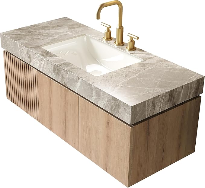 KEIKI 48 Inch Floating Bathroom Vanity with Sink, Modern Wall Mounted Storage Cabinet with Drawer, Pre-Assembled Waterproof Wood Panels, Sintered Stone Top & Ceramic Basin Combo Set, White Oak & Grey