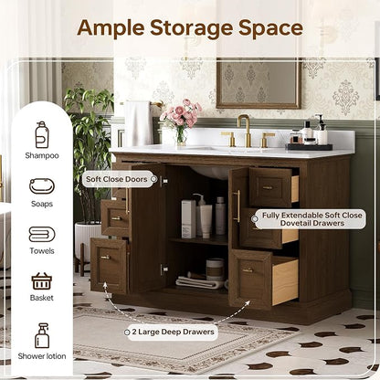 48 Inch Walnut Bathroom Vanity with Sink, Freestanding Transitional Vanities, Soft Close Parquet Doors & Dovetail Drawers, Fully Assembled Solid Wood Vanity for Bathroom Renovation