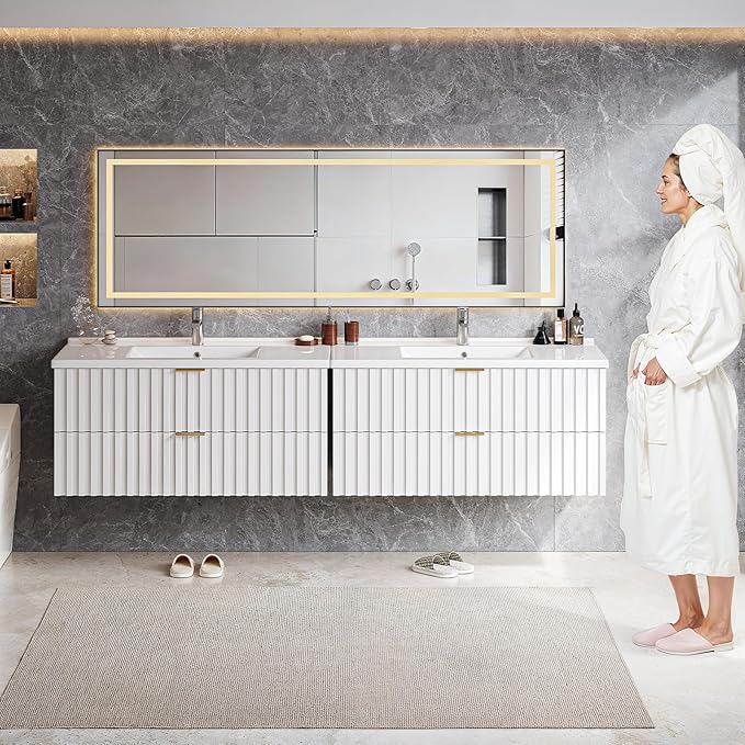 ONBRILL 36 Inch Bathroom Vanity with Sink Combo, Floating Bathroom Vanity with 2 Fluted Drawers & Metal Handle, Modern Wall Mount Storage Cabinet with Ceramic Integrated Sink for Small Space (White)