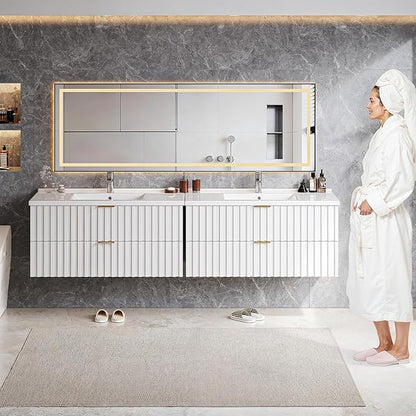 ONBRILL 36 Inch Bathroom Vanity with Sink Combo, Floating Bathroom Vanity with 2 Fluted Drawers & Metal Handle, Modern Wall Mount Storage Cabinet with Ceramic Integrated Sink for Small Space (White)