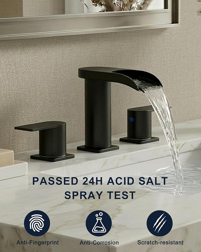 Matte Black 8 Inch Widespread Bathroom Faucet 3 Hole, Waterfall Sink Faucet with Drain, Modern Aesthetic for Bathroom Upgrade & Renovation, Splash-Free Design, Stain-Resistant Finish
