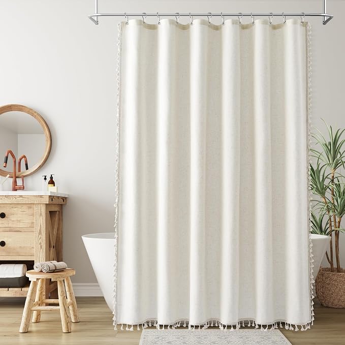 Cream Boho Linen Shower Curtain 72 Inch Modern Vintage Farmhouse Chic Shower Curtains Set with Hooks for Bathroom Weighted Tassel Design Rustic Cottage Core Bath Curtain 72x72, Natural