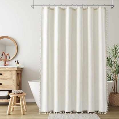 Cream Boho Linen Shower Curtain 72 Inch Modern Vintage Farmhouse Chic Shower Curtains Set with Hooks for Bathroom Weighted Tassel Design Rustic Cottage Core Bath Curtain 72x72, Natural