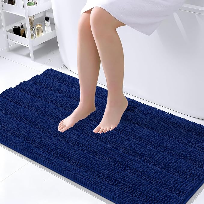 OLANLY Thick Large Bathroom Rugs 45x27, Soft Chenille Bath Rugs, Navy | Absorbent Striped, Rubber Backing, Machine Wash Dry, Bath Mats for Bathroom Floor, Tub and Shower, Home Decor Accessories