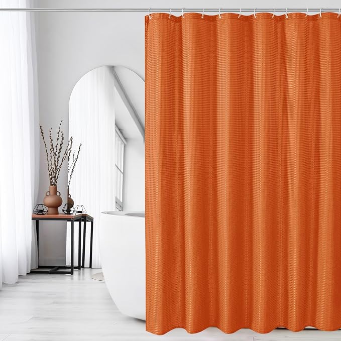 Extra Long Burnt Orange Fabric Shower Curtain, 72 x 84 | Tall Cloth-Textured Shower Curtain for Bathroom, Water Repellent, Machine Washable