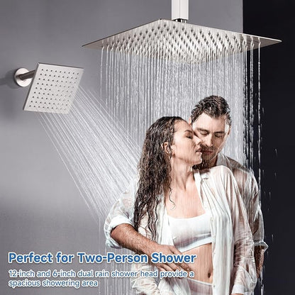 Dual Rainfall Shower Head System, Push Button Shower Faucet Set with 12" Ceiling Mount Rain shower head and 6" Wall Mount Shower Head, Pressure Balance Rough-in Valve (Brushed Nickel)