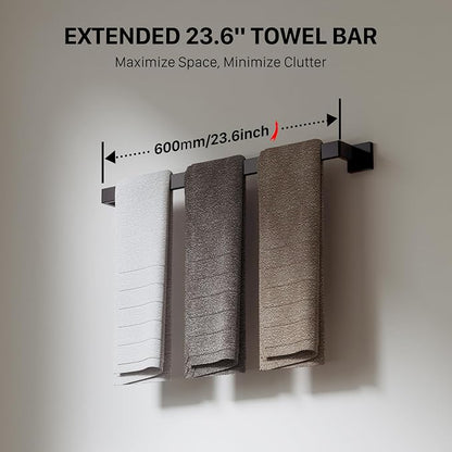 5-Piece 23.6 Inch Matte Black Bathroom Accessories Set, Bathroom Hardware Set, Stainless Steel Bath Towel Bar Set, Toilet Paper Holder with Shelf, Towel Hooks, Towel Ring Wall Mounted