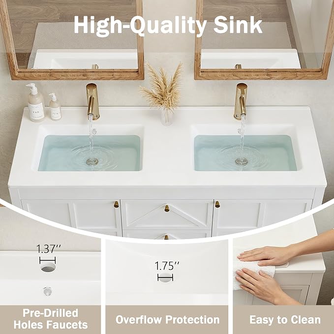 Bathroom Vanity with Double Sink Set, 48 Inch Pedestal Sink Storage Cabinet with 2 Drawers & 2 Doors, Mid-Century Modern Bathroom Vanity with Open Bottom Shelf, White