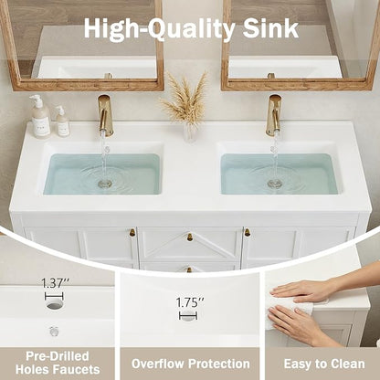Bathroom Vanity with Double Sink Set, 48 Inch Pedestal Sink Storage Cabinet with 2 Drawers & 2 Doors, Mid-Century Modern Bathroom Vanity with Open Bottom Shelf, White