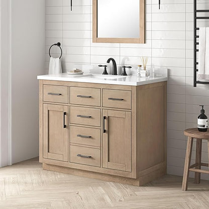 OVE Decors Bailey 42 in. Single Sink Freestanding Sahara Birch Bathroom Vanity with White Quartz Top, Matching Backsplash and Power Bar