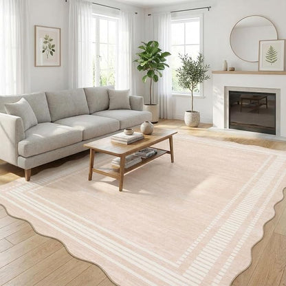 GarveeHome Washable Scalloped Rug 10x13 Rugs for Living Room Stain Resistant 10x13 Area Rugs for Bedroom, Non Slip Solid Printed Large Rug for Under Table Farmhouse Nursery Home Office Dorm, Beige