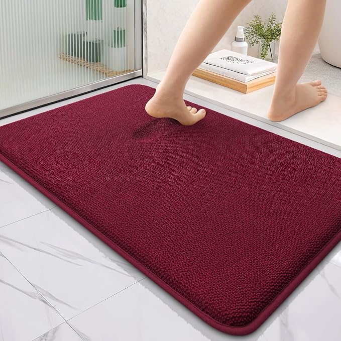 OLANLY Thick Memory Foam Bathroom Rugs 36x24, Absorbent Bath Mat, Burgundy | Soft Quick Dry Bath Rugs, Non-Slip, Machine Washable Carpet for Bathroom Floor, Tub and Shower, Home Decor Accessories