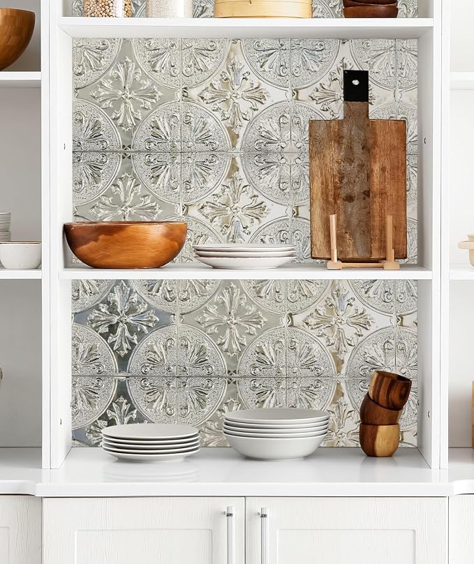 Peel and Stick Metal Backsplash Tiles, Silver Fleur, 10-Pack | 8 x 8 in tile size; Covers up to 4.44 sq ft; Aluminum; Water-resistant surface; For kitchens, ceilings, DIY projects