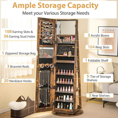 GOFLAME 360° Swivel Jewelry Cabinet Armoire with Full Length Mirror, Standing Jewelry Storage Organizer with Rear Storage Shelves, 3-Color LED Lights, Foldable Shelf, Interior Mirror, Rustic Brown