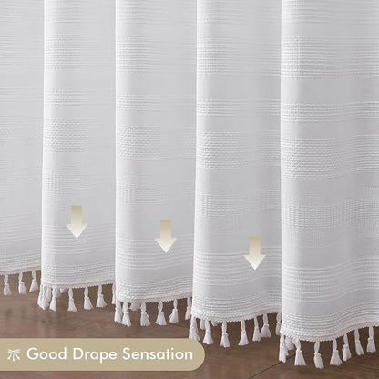 White Shower Curtain 78 Inch Long, Boho Farmhouse Thick Striped Fabric Hotel Shower Curtain with Tassel, Minimalist Textured Weighted Machine Washable Bathroom Decor, 72Wx78L Inches
