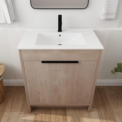 SSLine 30-Inch Bathroom Vanity with Sink Mid-Century Bathroom Vanities with Top Basin Floor Wood Bathroom Sink Cabinet with Soft-Close Doors & Adjustable Storage Shelves (Light Oak)