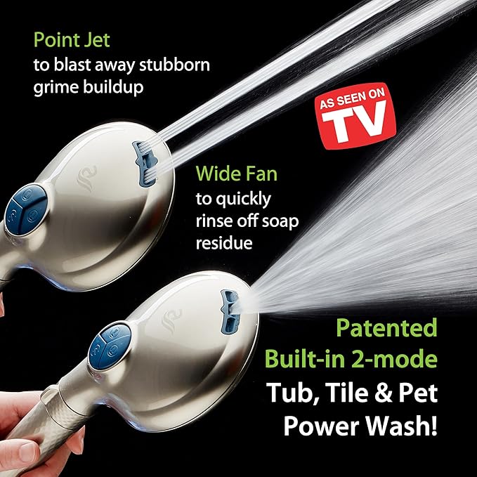 AquaCare 4X 10-Mode High Pressure Hand Shower w/Filter & 2-mode Power Wash | Filters Chlorine & Toxins, Softens Hard Water for Healthy Skin & Hair. Handheld Power Head Cleans Tub, Tile & Pets / Nickel