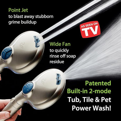 AquaCare 4X 10-Mode High Pressure Hand Shower w/Filter & 2-mode Power Wash | Filters Chlorine & Toxins, Softens Hard Water for Healthy Skin & Hair. Handheld Power Head Cleans Tub, Tile & Pets / Nickel