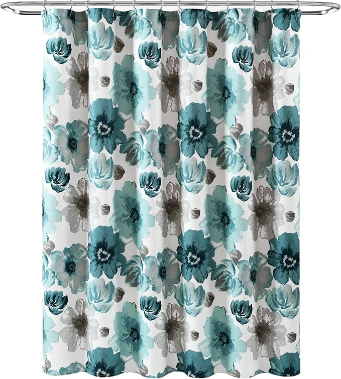 Lush Decor Leah Floral Shower Curtain, 72" W x 72" L, Blue - Fabric Shower Curtains - Watercolor Botanical Bathroom Curtain - Farmhouse & French Country Decor