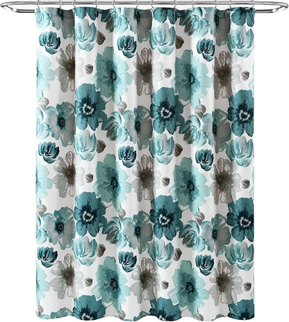 Lush Decor Leah Floral Shower Curtain, 72" W x 72" L, Blue - Fabric Shower Curtains - Watercolor Botanical Bathroom Curtain - Farmhouse & French Country Decor